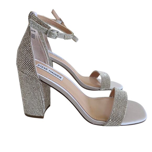 Steve Madden Size 8 Silver Rhinestone Block Heel Ankle Strap Sandals Heels - Picture 1 of 8